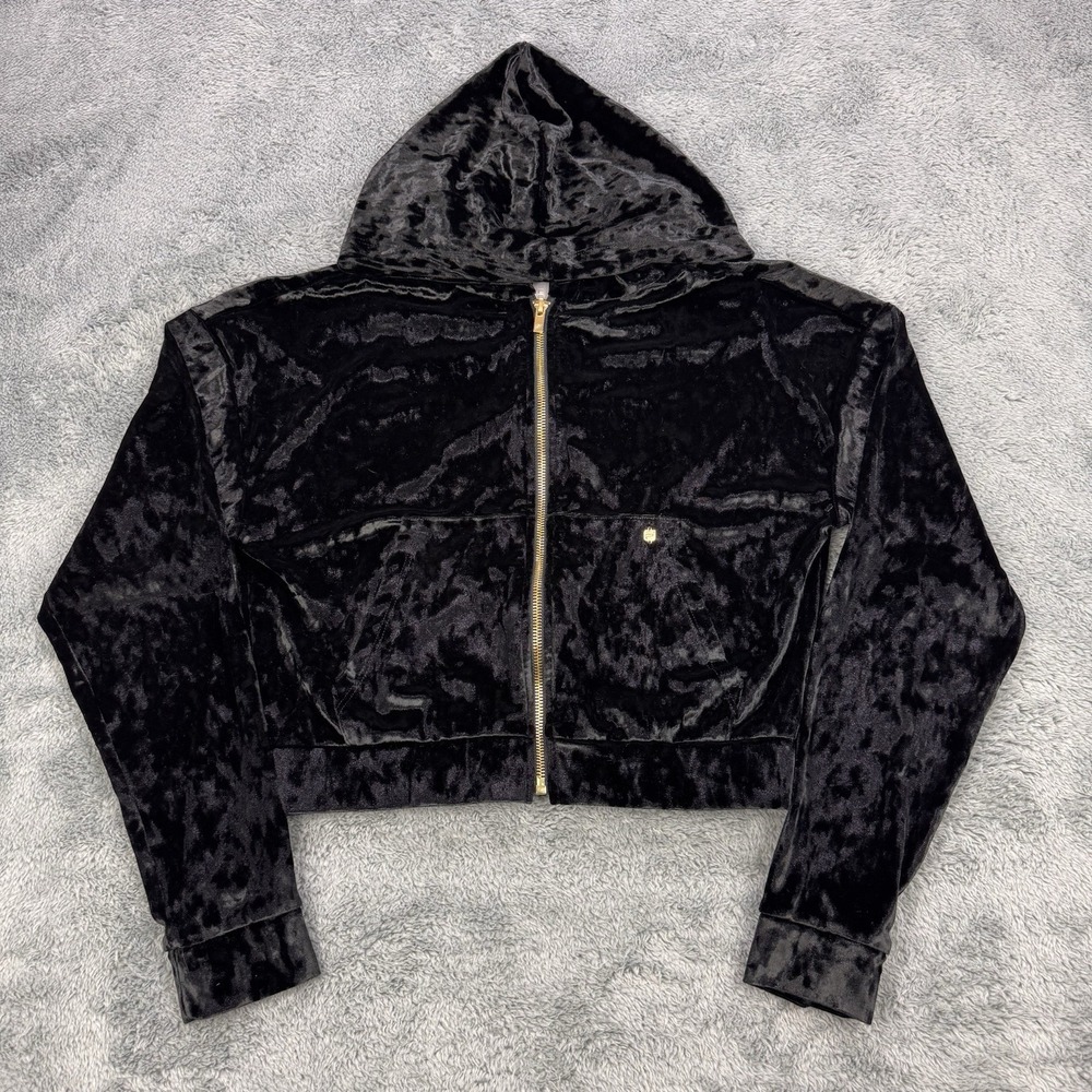 Fabletics Valure Jacket Women XXS Black‎ Cropped Full Zip Brass Crushed Velvet